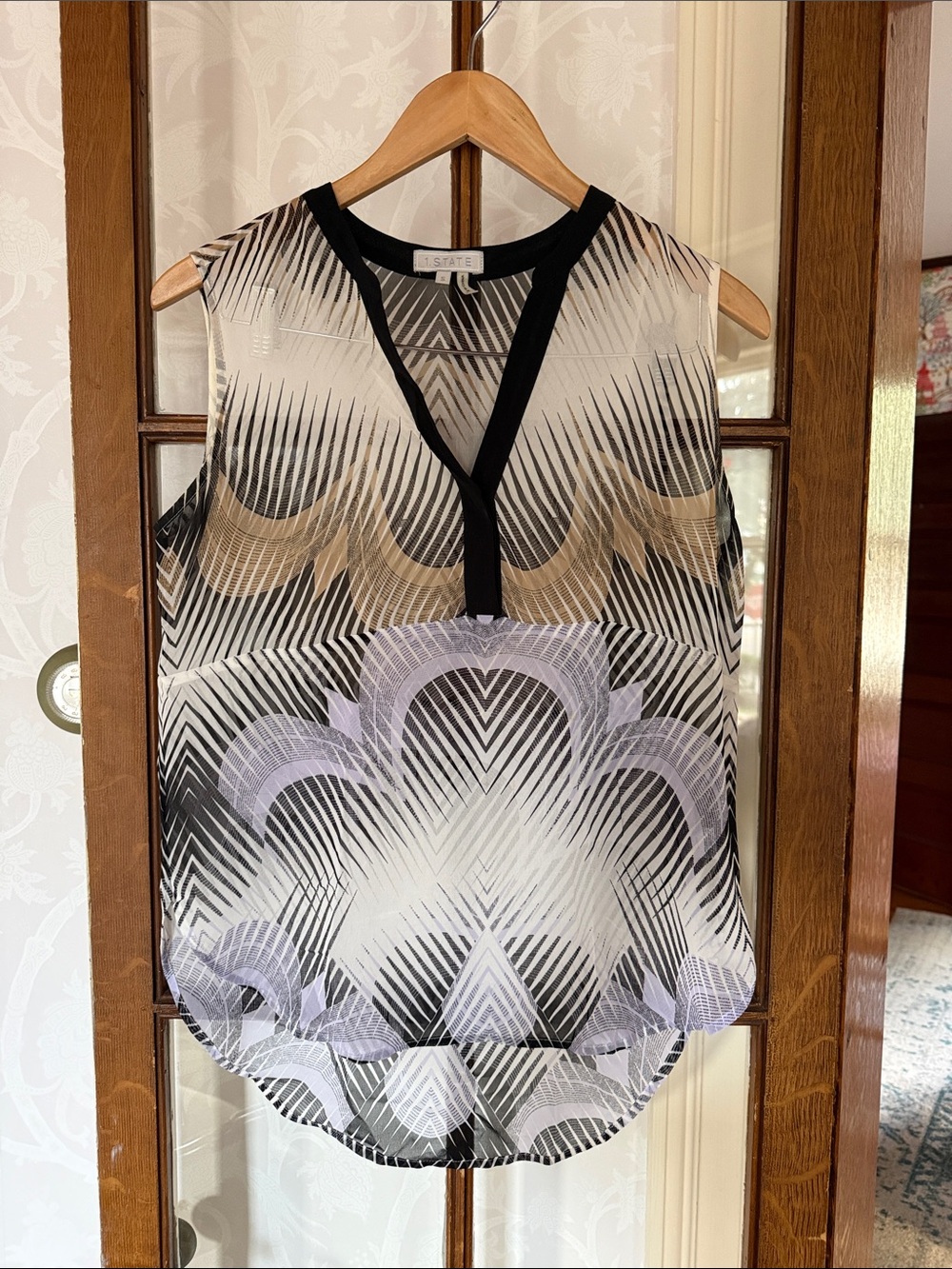 1. State Black, White & Taupe Graphic V-Neck Sheer Camisole